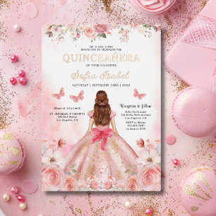 Quinceañera Rosafarbene Rosen-Blumen-Schmetterling Folieneinladung