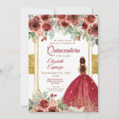Quinceañera Rose Burgund Gold  Einladung (Vorderseite)