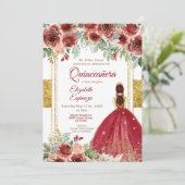Quinceañera Rose Burgund Gold  Einladung (Stehend Vorderseite)