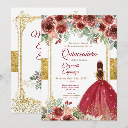 Quinceañera Rose Burgund Gold  Einladung (Vorne/Hinten)