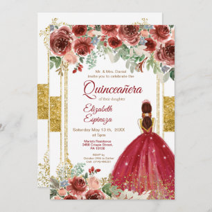 Quinceañera Rose Burgund Gold  Einladung