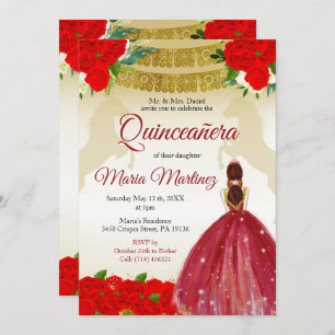 Quinceañera Rose Burgundy Gold Mexikanischer Gebur Einladung