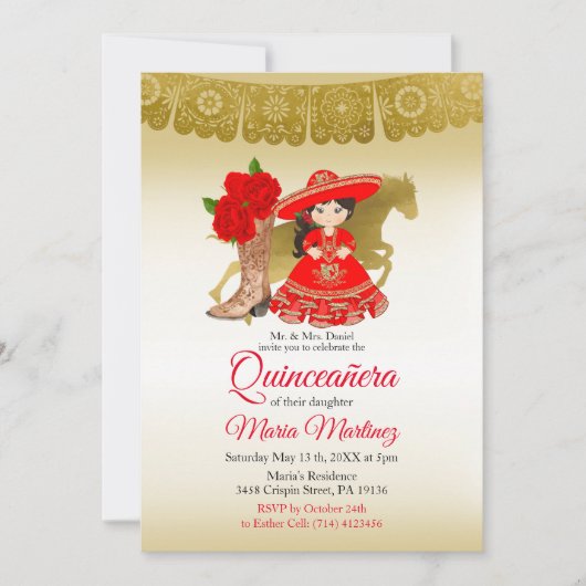 Quinceañera Rose Burgundy Gold Mexikanischer Gebur Einladung (Vorderseite)
