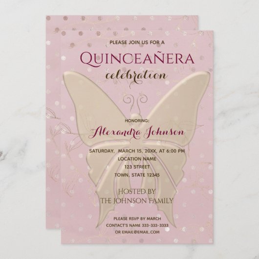 Quinceanera Rose Gold 15. Geburtstag Einladung (Vorne/Hinten)