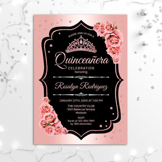 Quinceanera - Rose Gold Black Einladung