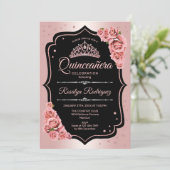 Quinceanera - Rose Gold Black Einladung (Stehend Vorderseite)