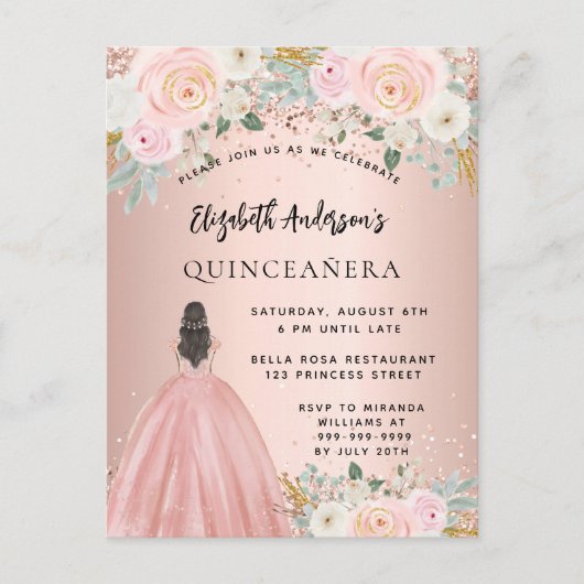 Quinceanera Rose Gold Blume Kleid Einladungspostkarte (Vorderseite)