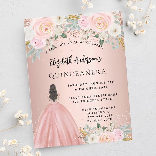 Quinceanera Rose Gold Blume Kleid Einladungspostkarte