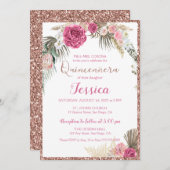 Quinceanera Rose Gold Blumenstrauß Glitzer Einladu Einladung (Vorne/Hinten)