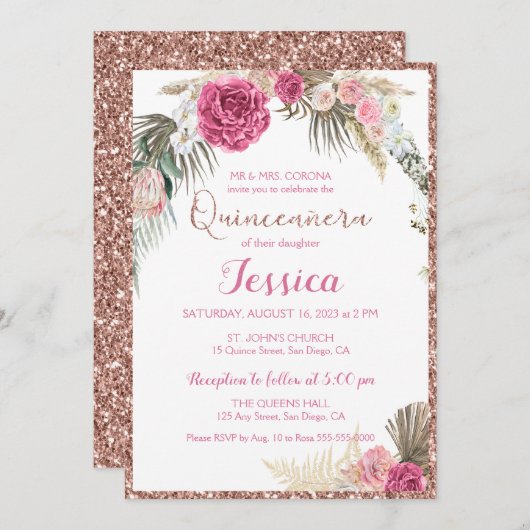 Quinceanera Rose Gold Blumenstrauß Glitzer Einladu Einladung (Vorne/Hinten)