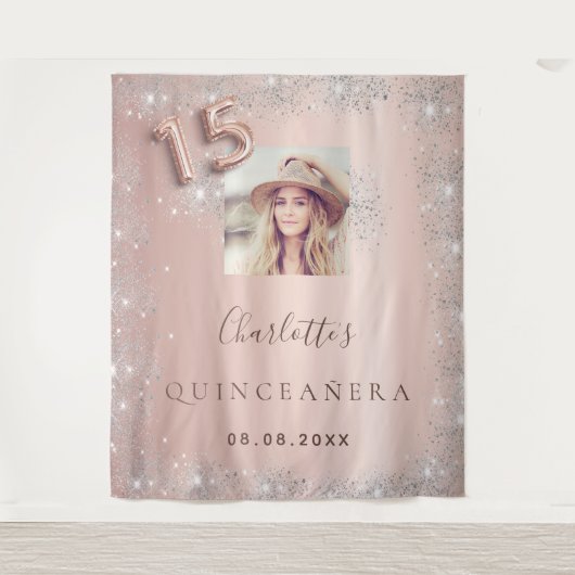Quinceanera Rose Gold Foto Silber Glitzer Wandteppich (Vorderseite)