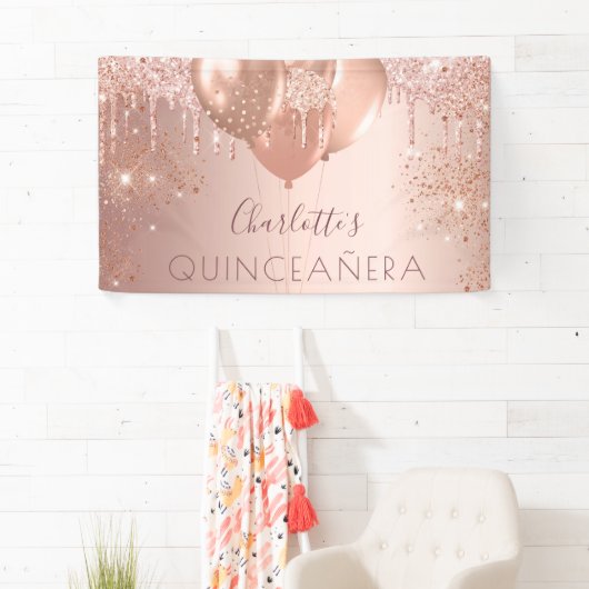 Quinceanera Rose Gold Glitzer Ballons Monogramm Banner (Insitu)