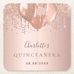 Quinceanera Rose Gold Glitzer Ballons Monogramm Rechteckiger Pappuntersetzer