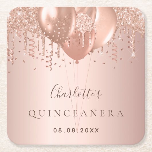 Quinceanera Rose Gold Glitzer Ballons Monogramm Rechteckiger Pappuntersetzer (Vorderseite)