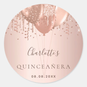 Quinceanera Rose Gold Glitzer Ballons Monogramm Runder Aufkleber