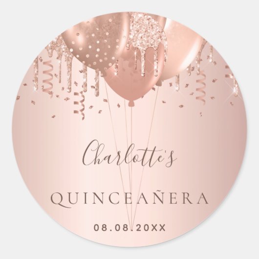 Quinceanera Rose Gold Glitzer Ballons Monogramm Runder Aufkleber (Vorderseite)