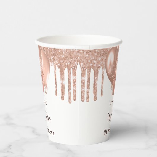 Quinceanera Rose Gold Glitzer Ballons weiß Pappbecher (Rechts)