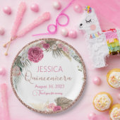 Quinceanera Rose Gold Glitzer Blumenpapierplatte Pappteller (Party)
