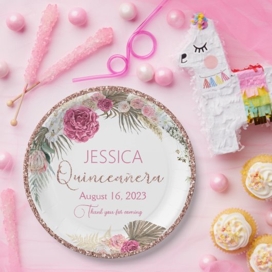 Quinceanera Rose Gold Glitzer Blumenpapierplatte Pappteller (Party)