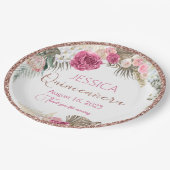 Quinceanera Rose Gold Glitzer Blumenpapierplatte Pappteller (Schrägansicht)