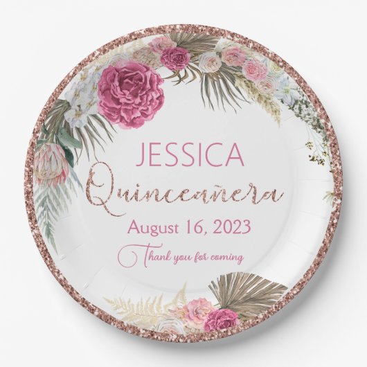 Quinceanera Rose Gold Glitzer Blumenpapierplatte Pappteller (Vorderseite)