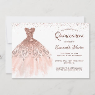 Quinceanera Rose Gold Glitzer Dress on White Party Einladung