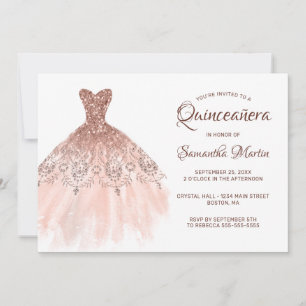 Quinceanera Rose Gold Glitzer Dress on White Party Einladung