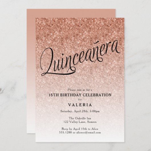 Quinceanera Rose Gold Glitzer Einladung zum Geburt (Vorne/Hinten)