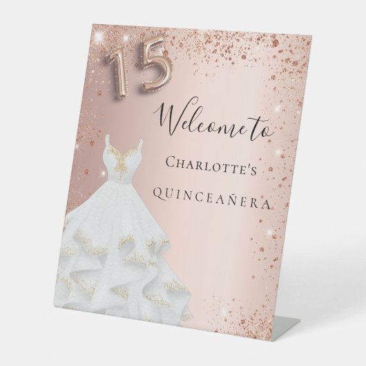 Quinceanera Rose Gold Glitzer Empfang Sockelschild (Vorderseite)