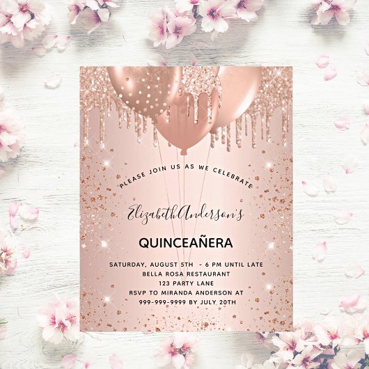 Quinceanera Rose Gold Glitzer fallen Ballons Einladungspostkarte