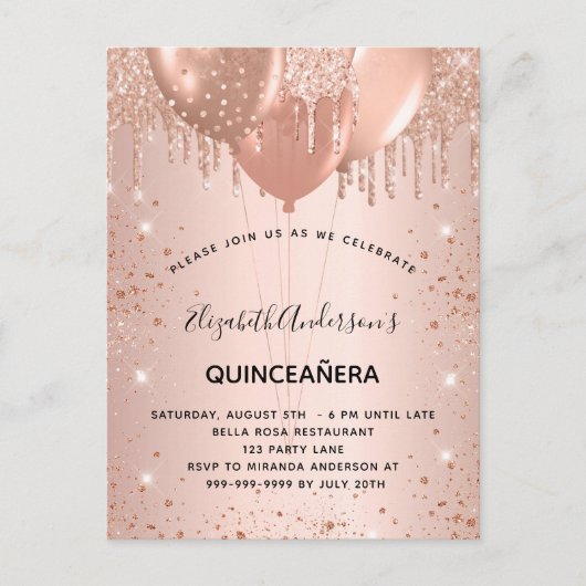 Quinceanera Rose Gold Glitzer fallen Ballons Einladungspostkarte (Vorderseite)