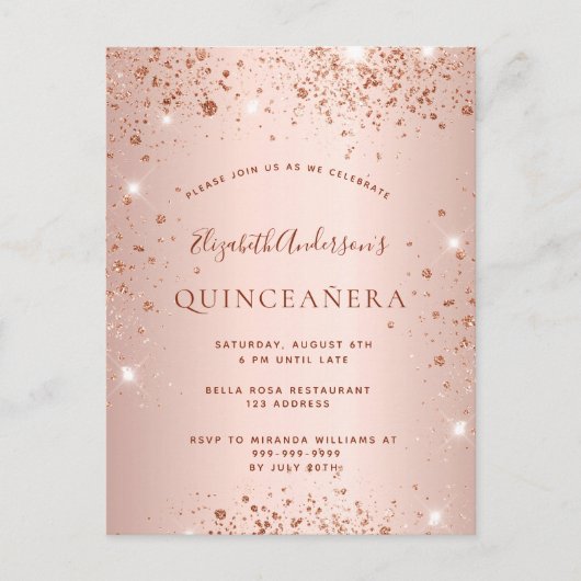 Quinceanera Rose Gold Glitzer Funkelglasur Einladungspostkarte (Vorderseite)