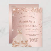Quinceanera Rose Gold Glitzer Funkelkleid Einladungspostkarte (Vorne/Hinten)