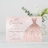 Quinceañera, Rose Gold Glitzer Kleid Einladung (Stehend Vorderseite)