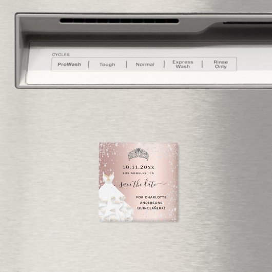 Quinceanera Rose Gold Glitzer Kleid Save the Date Magnet (In Situ (Geschirrspüler))