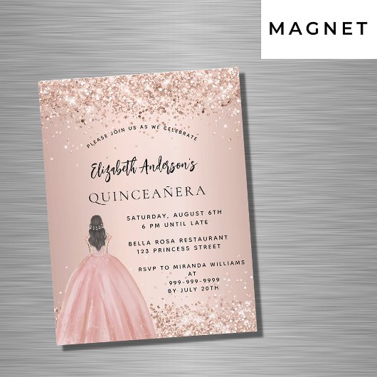 Quinceanera Rose Gold Glitzer Luxus Magneteinladung