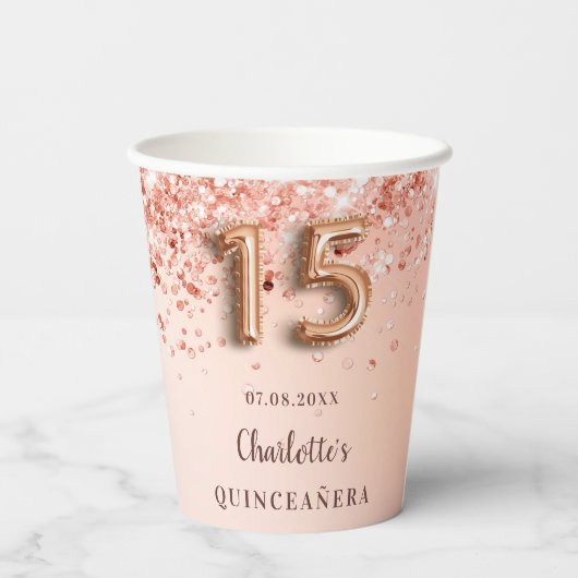 Quinceanera Rose Gold Glitzer Name Pappbecher (Rückseite)