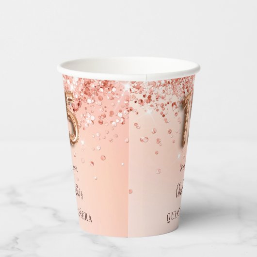 Quinceanera Rose Gold Glitzer Name Pappbecher (Rechts)