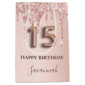 Quinceanera Rose Gold Glitzer Rosa Ballon Stil Mittlere Geschenktüte (Vorderseite)