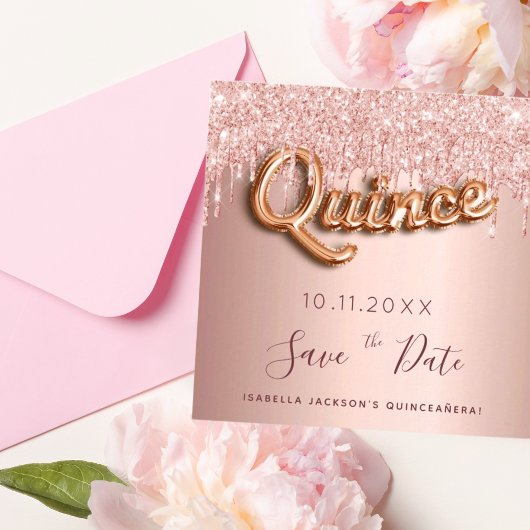 Quinceanera Rose Gold Glitzer Save the Date Karte