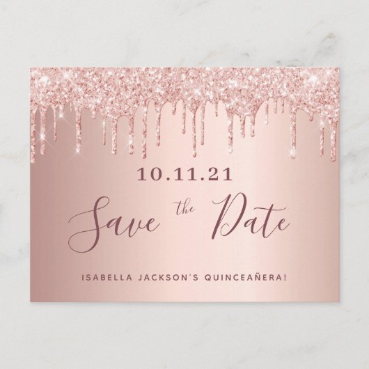 Quinceanera Rose Gold Glitzer Save the Date Postkarte (Vorderseite)