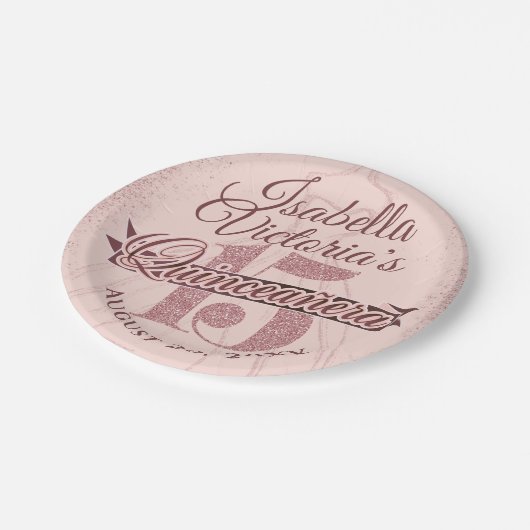 Quinceanera Rose Gold Glitzer Sparkone Pappteller (Schrägansicht)