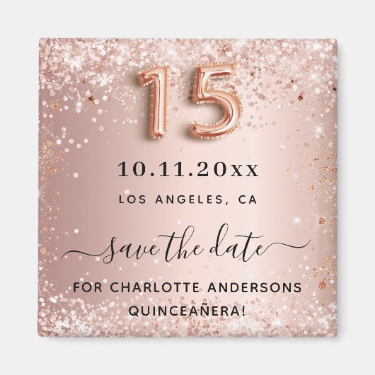 Quinceanera Rose Gold Glitzer Staub Save the Date Magnet (Vorne)