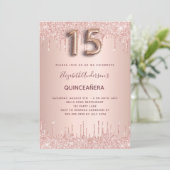 Quinceanera Rose Gold Glitzer Tropfen erröten Einladung (Stehend Vorderseite)