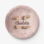 Quinceanera Rose Gold Glitzer Tropfen Name Pappteller (Vorderseite)