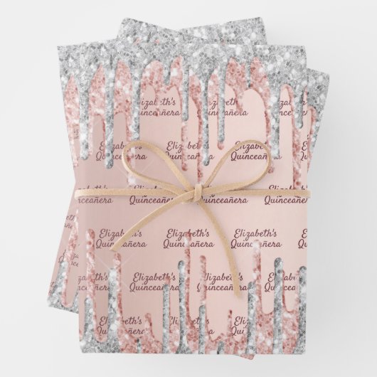 Quinceanera Rose Gold Glitzer Tropfen pink silber Geschenkpapier Set (Beispiel)