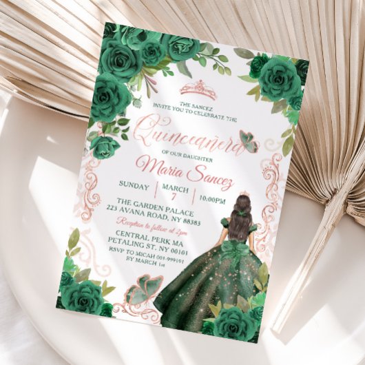 Quinceañera Rose Gold Hunter Green Einladung