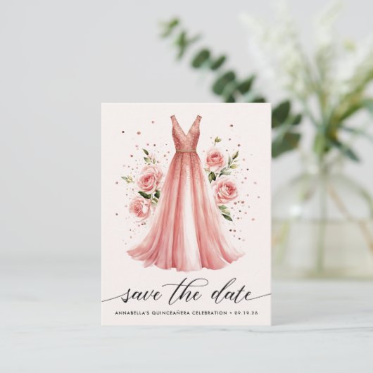 Quinceañera Rose Gold Kleid Save the Date Postkarte (Stehend Vorderseite)