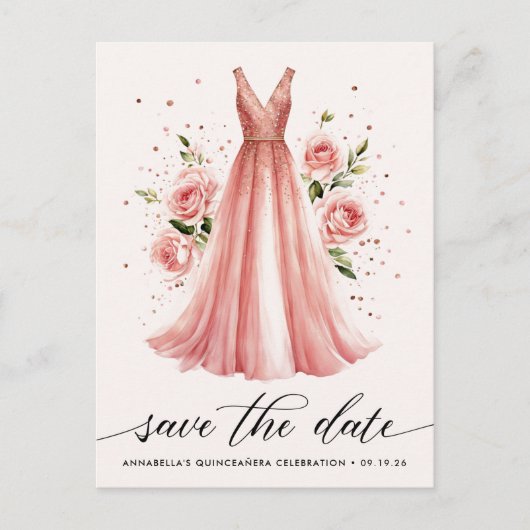 Quinceañera Rose Gold Kleid Save the Date Postkarte (Vorderseite)