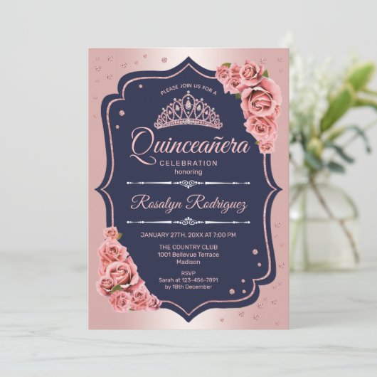 Quinceanera - Rose Gold Navy Einladung (Stehend Vorderseite)